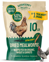 Hatortempt 10lb dried mealworms for chickens and wild birds packaging