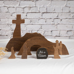 Handmade wooden Easter decor with cross and tomb