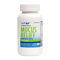 HealthA2Z Mucus Relief bottle label with Guaifenesin 400mg 300 Count