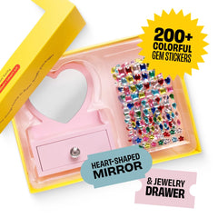 Heart-shaped mirror and pull-out jewelry drawer feature