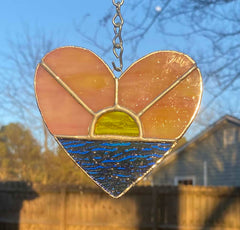 Heart shaped stained glass ornament handmade pink yellow sunrise
