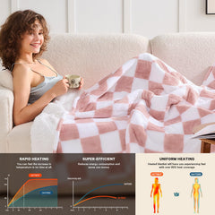 50x60 inch light pink heated blanket on couch