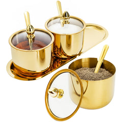 Hedume 3 grid stainless steel seasoning containers with glass lid and tray