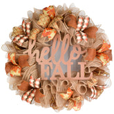 Hello Fall Welcome Autumn Thanksgiving Front Door Outdoor Mesh Wreath front view