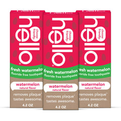 Packaging of hello Fresh Watermelon Fluoride Free Kids Toothpaste 3 pack