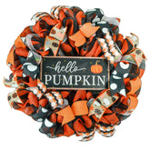 Hello Pumpkin Door Wreaths 24 inch round wreath with black and orange mesh