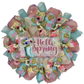 Hello Spring Floral Rain Boots Pastel Wreath decorative tin sign with floral accents