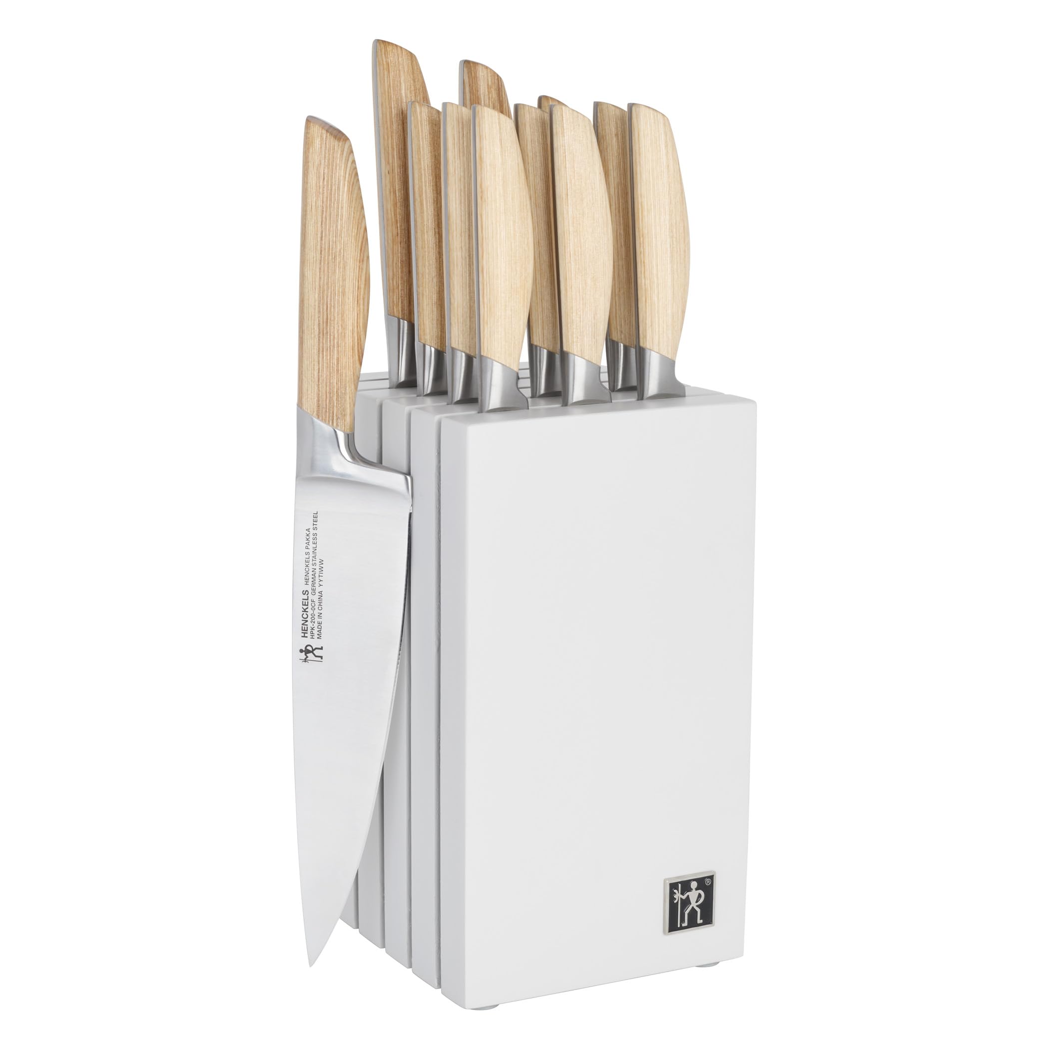 Henckels Pakka Wood Handles 13 piece Knife Block Set countertop view