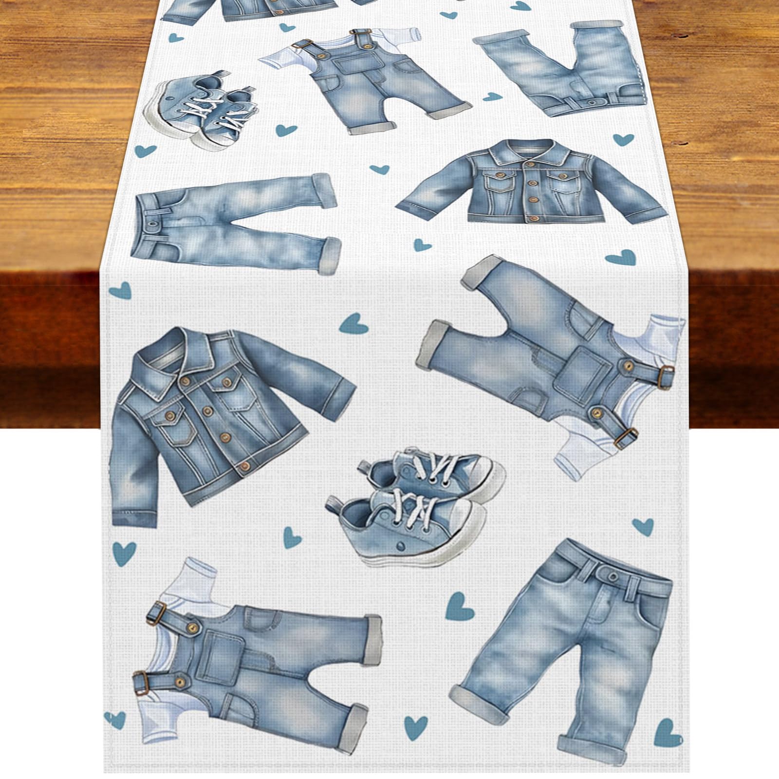 Heyfary blue jean denim table runner for baby shower