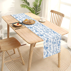 Retro blue white bunny flower table runner designed for Easter