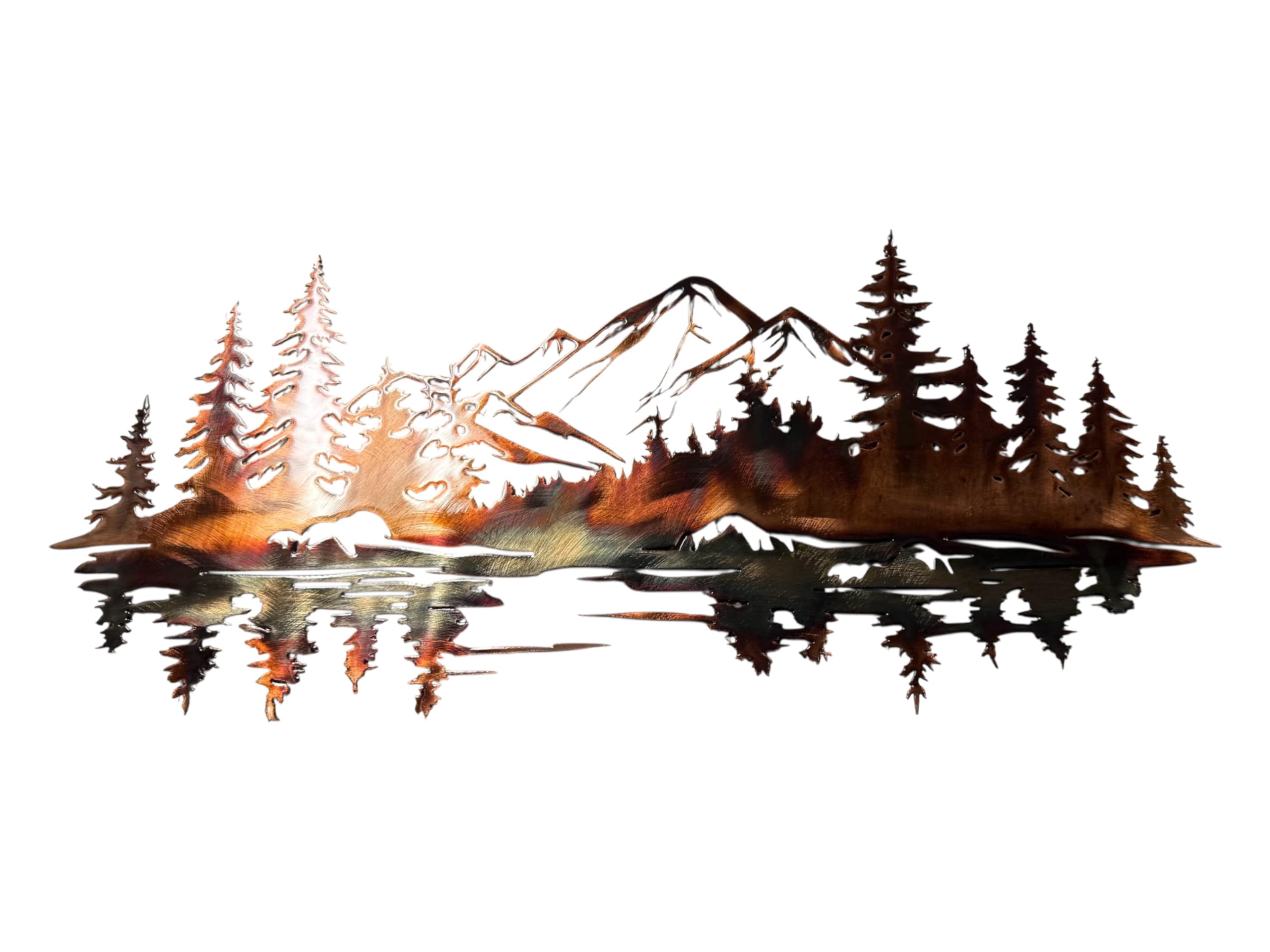 HG Artworks Copper Plated Mountain Reflections Metal Wall Art trees and mountains reflected in water