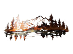 HG Artworks Copper Plated Mountain Reflections Metal Wall Art trees and mountains reflected in water