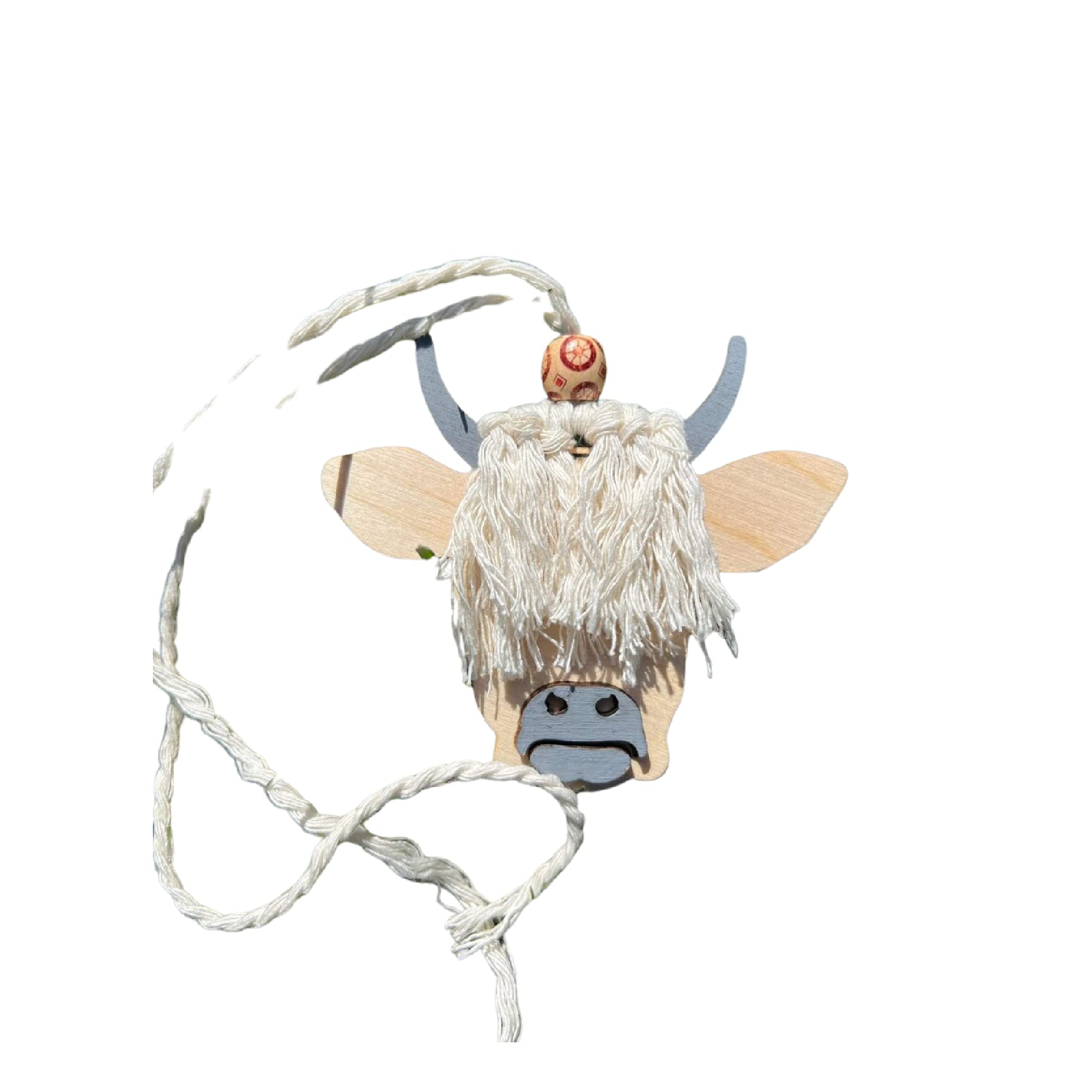Highland Cow Macrame Car Charm birch wood grey snout hand painted