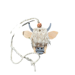 Highland Cow Macrame Car Charm birch wood grey snout hand painted