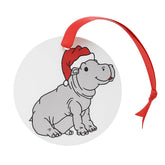 3 inch round lightweight aluminum hippo Christmas ornament with red ribbon