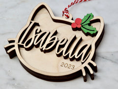 Holly bowtie design cat ornament handcrafted wood