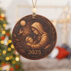 Holy Mother Mary holding Baby Jesus wooden ornament detail