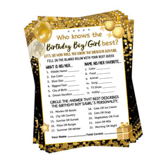 HOMANGA Who Knows The Birthday Boy Girl Best birthday game cards set of 30 Black Gold Double-Sided