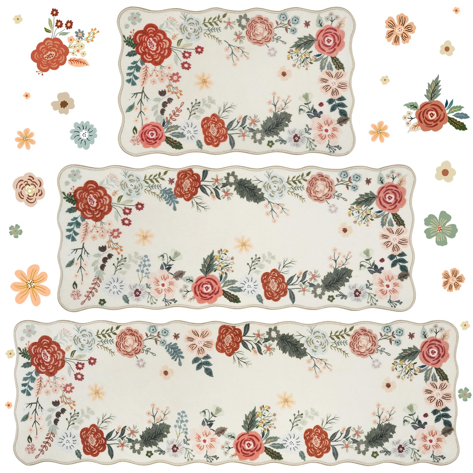 Homcomoda Floral Kitchen Rugs 3pc beige 20x32 image
