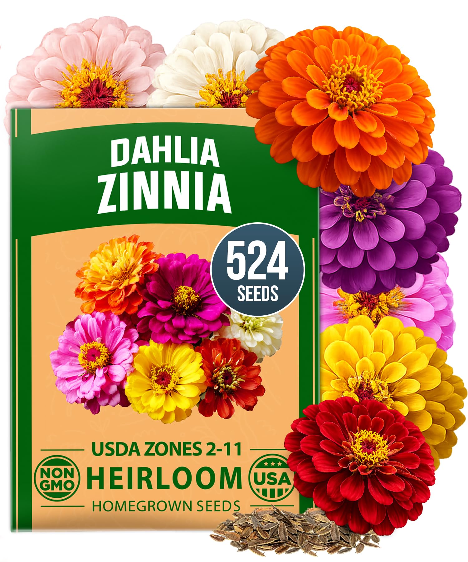 Home Grown Zinnia Dahlia Seeds seed pack 524 seeds for gardens