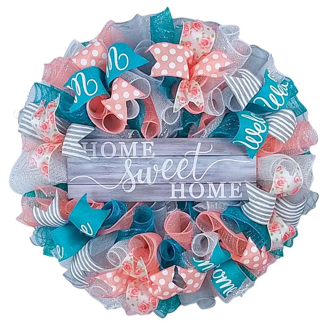 Home Sweet Home Wreath 24 inch coral grey teal white mesh