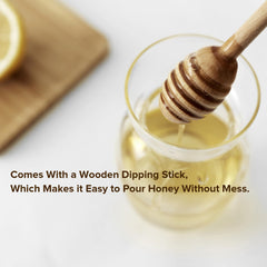Glass honey container dispenser with no-drip dipper