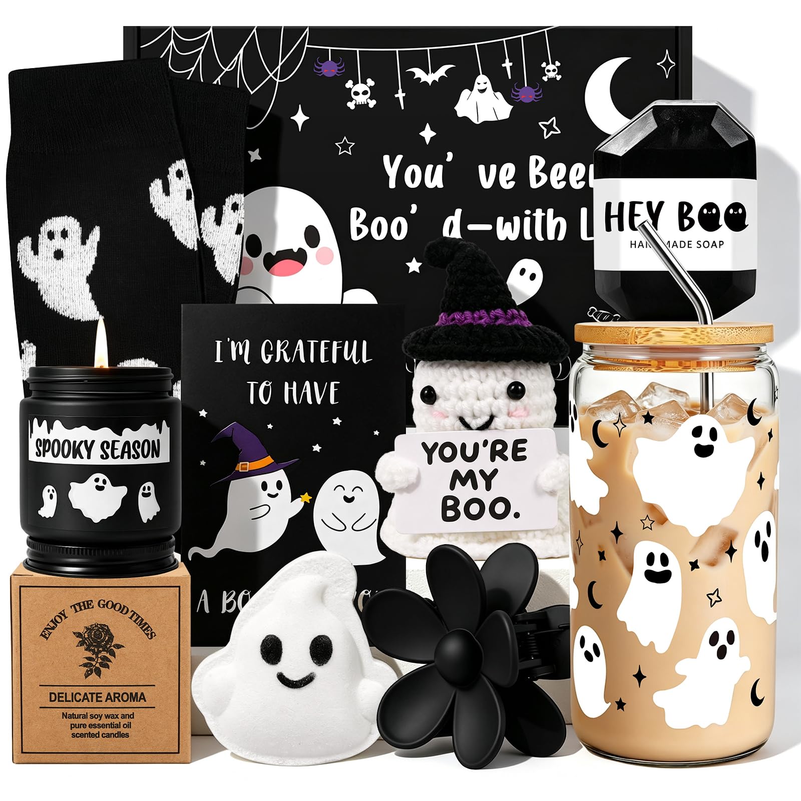 Honxicur ghost cup 16oz glass with lid and straw