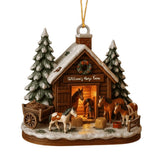 Horse Farm Wooden Ornament showing rustic farm scene with horses