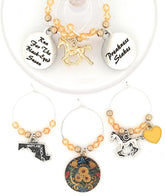 Horse Race wine charms set of 6 with silver gold and yellow beads on 1 inch rings