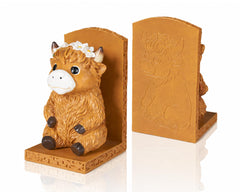 HORTIX Highland Cow Bookends decorative sitting cow with flower accents
