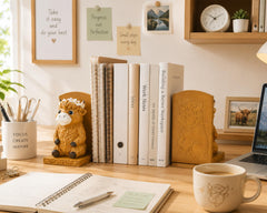 Resin Highland Cow bookends with textured fur and engraved back panel