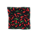 Front view of Hot Pepper Microwave Bowl Cozy showing red and green cayenne pepper fabric