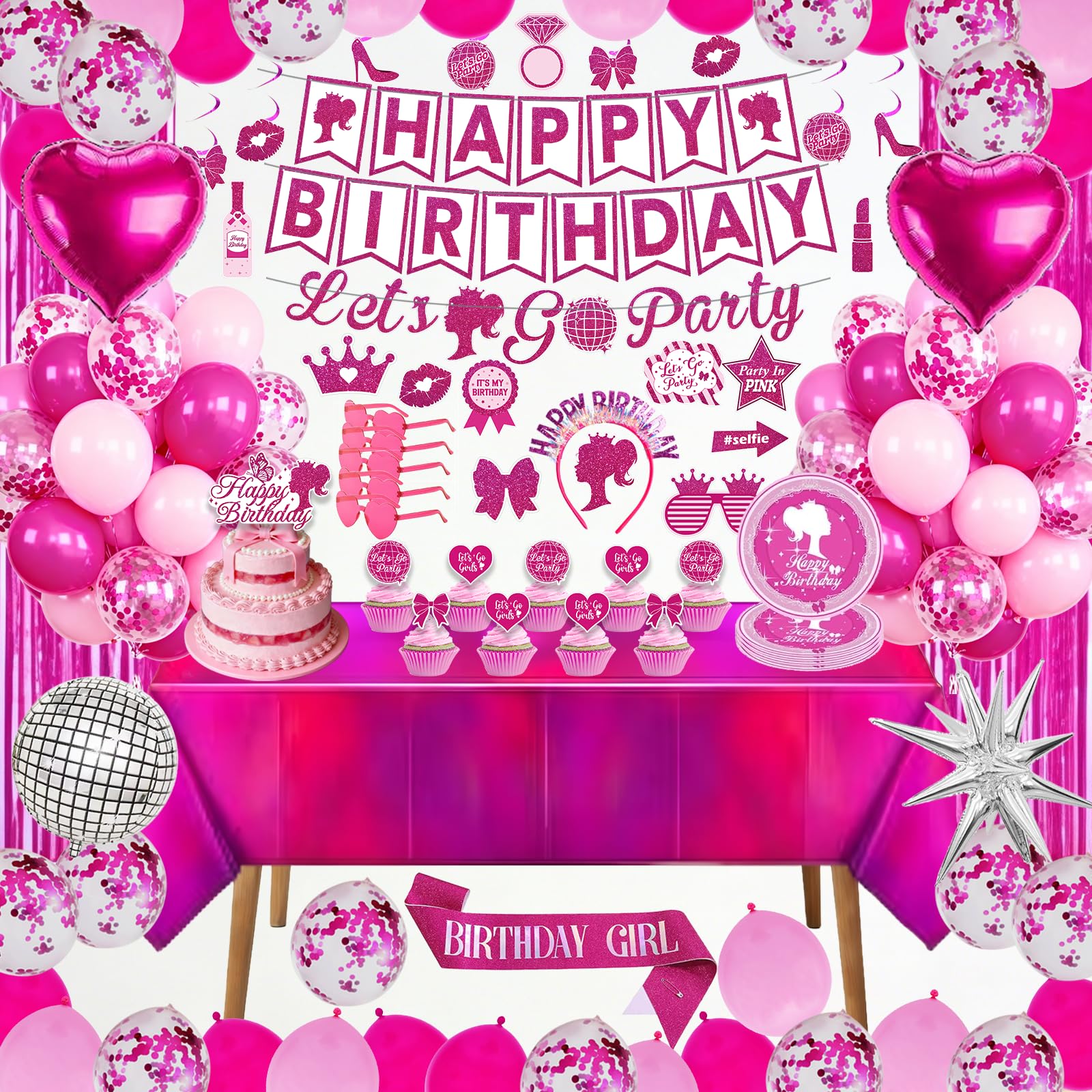 Hot Pink Birthday Decorations 99 Pcs banner and props