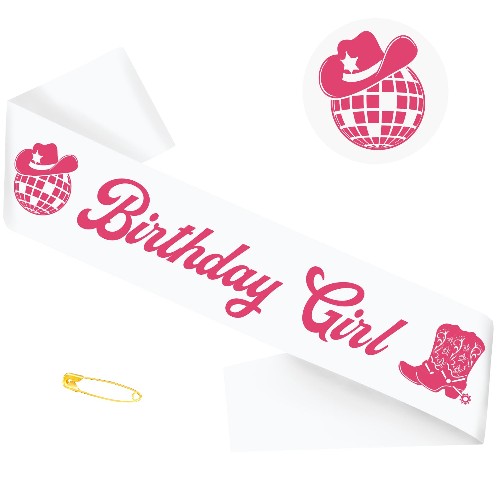 Hot pink Birthday Girl sash for Women on white satin with foil lettering