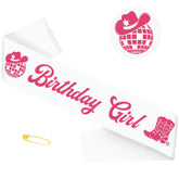 Hot pink Birthday Girl sash for Women on white satin with foil lettering