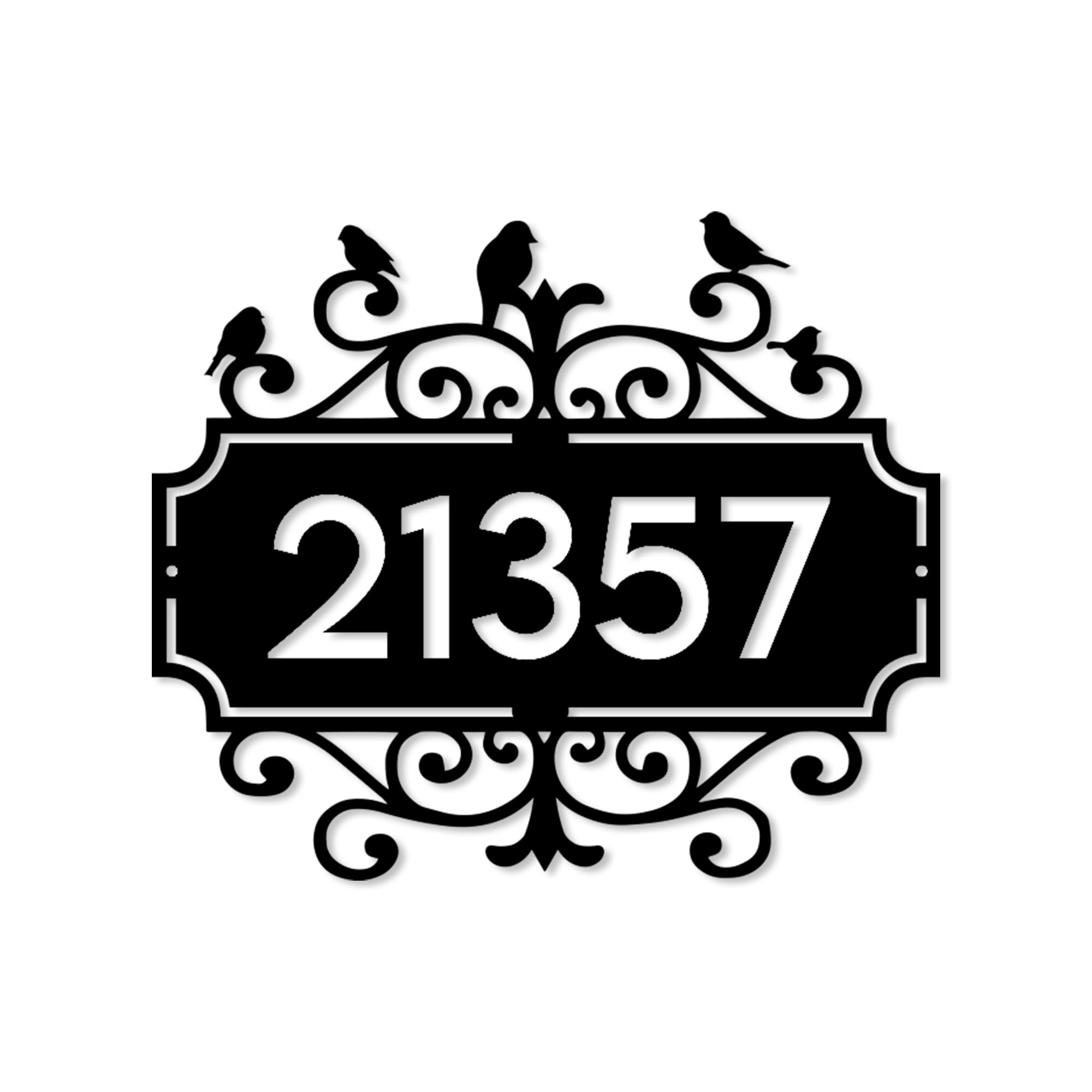 Handcrafted house number plaque with four bird silhouettes for outdoors