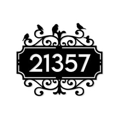 Handcrafted house number plaque with four bird silhouettes for outdoors