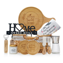 House Warming Gift Basket New Homeowners with bamboo serving board and cheese knife set