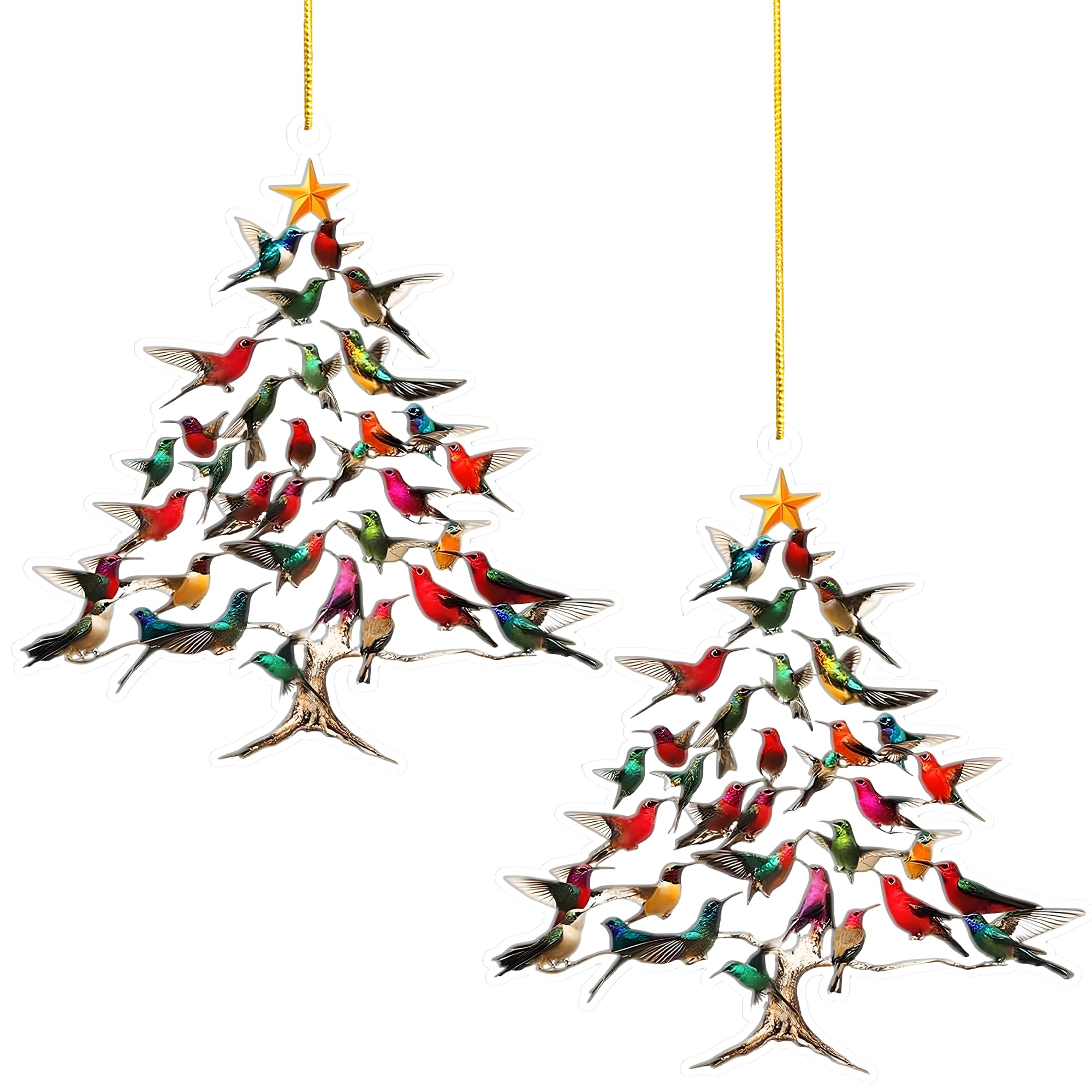 Two acrylic hummingbird ornaments in a colorful tree design for 2025