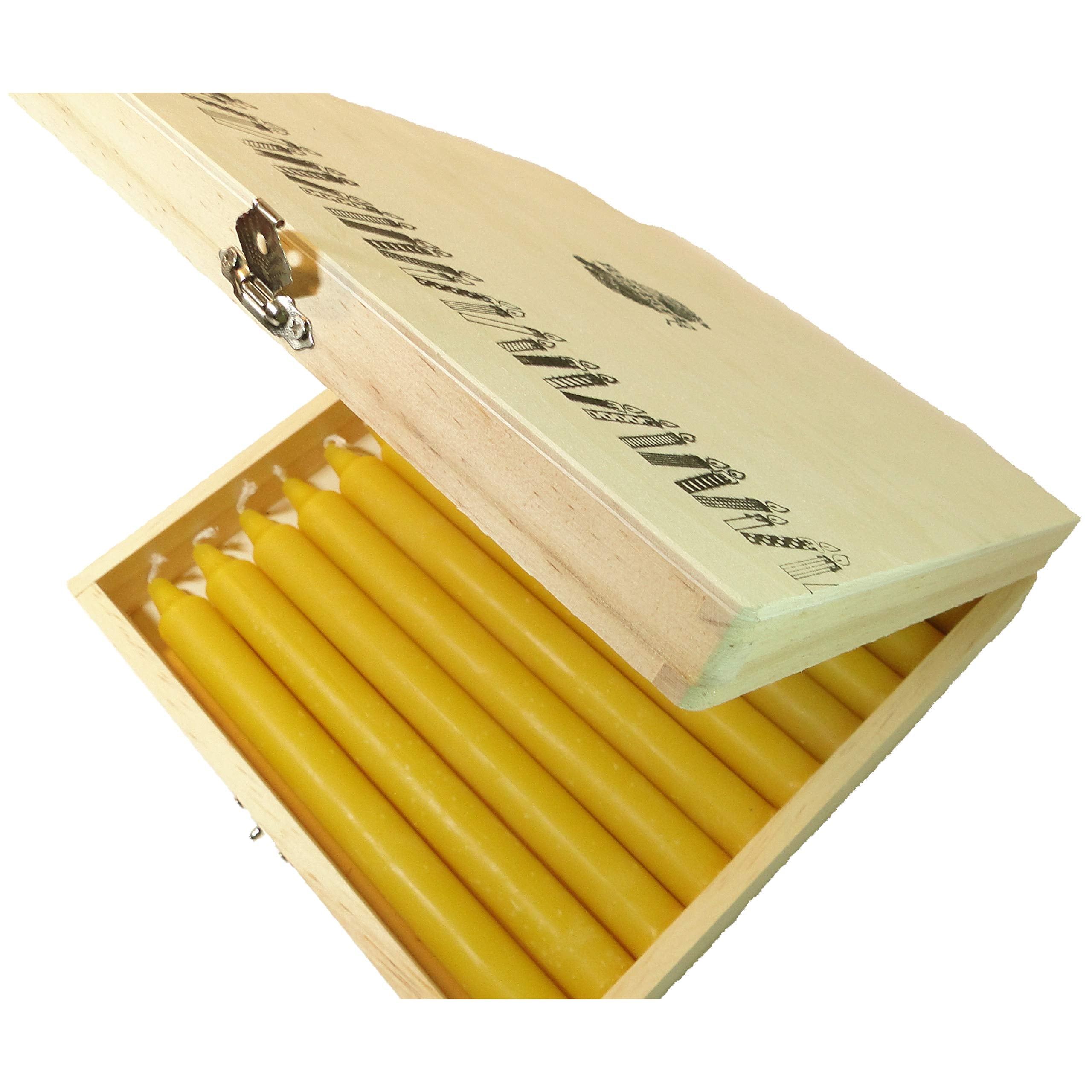 Beeswax candle with cotton wick in wood box