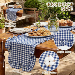 Navy blue gingham table runner with ruffled edge
