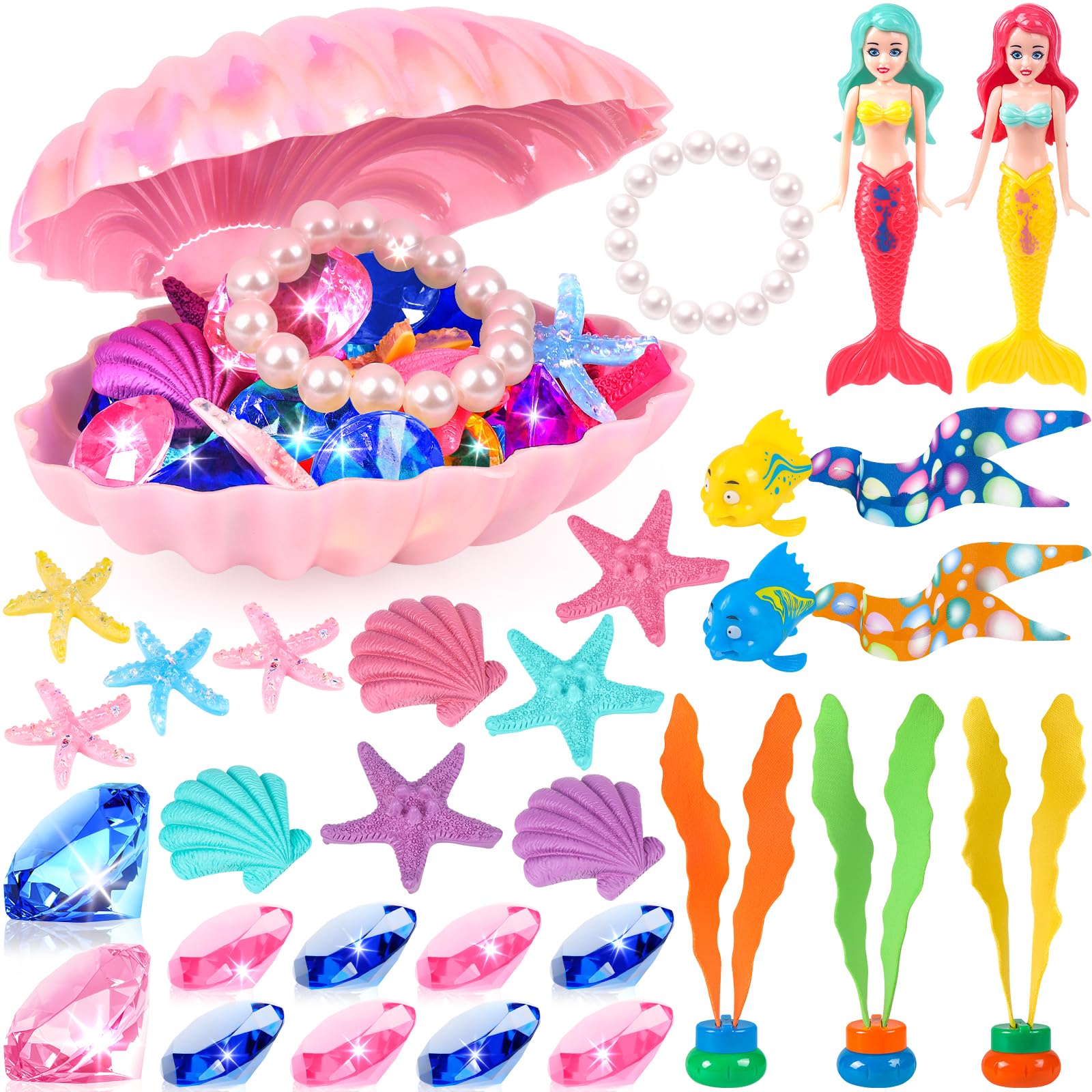HUUIDY Mermaid Pool Toys set with mermaid figures and shell treasure chest