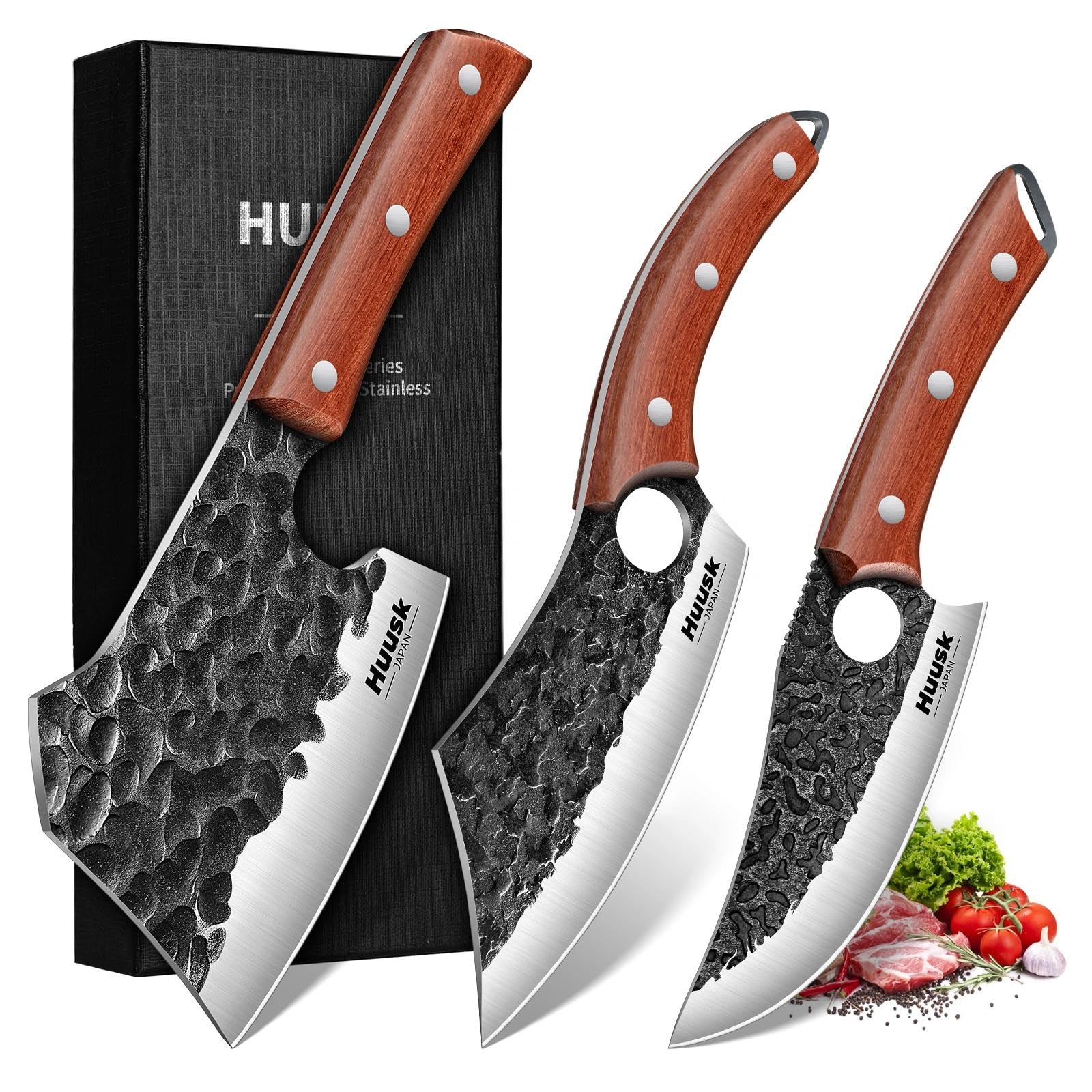 Huusk butcher knife set 3 on kitchen counter