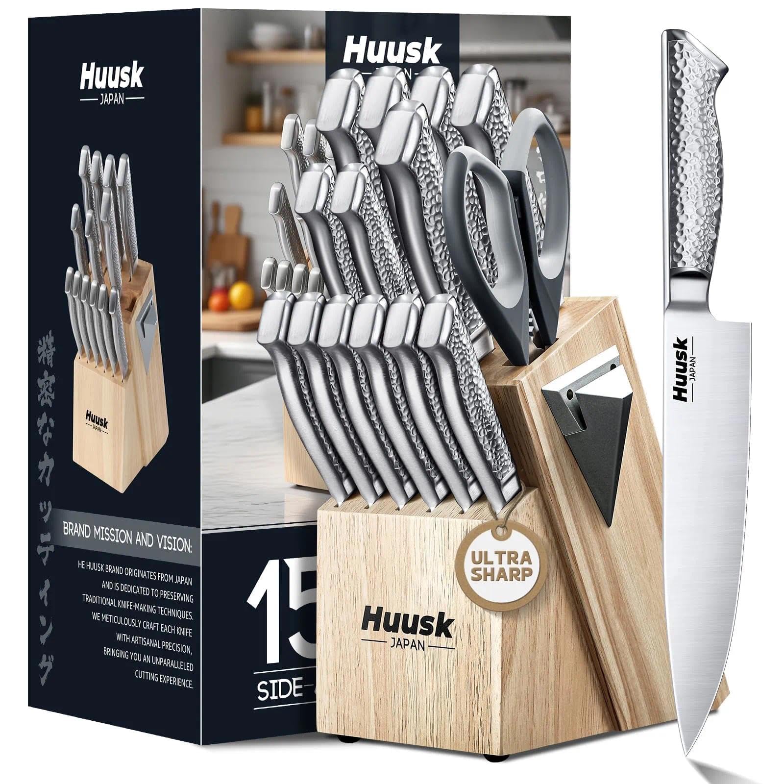 Huusk kitchen knife set with block built-in sharpener 15-piece