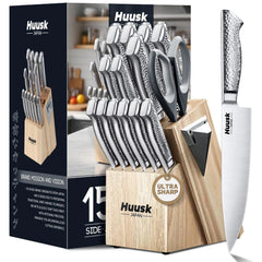 Huusk kitchen knife set with block built-in sharpener 15-piece