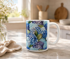 Hydrangea garden mug 15oz ceramic blue purple design