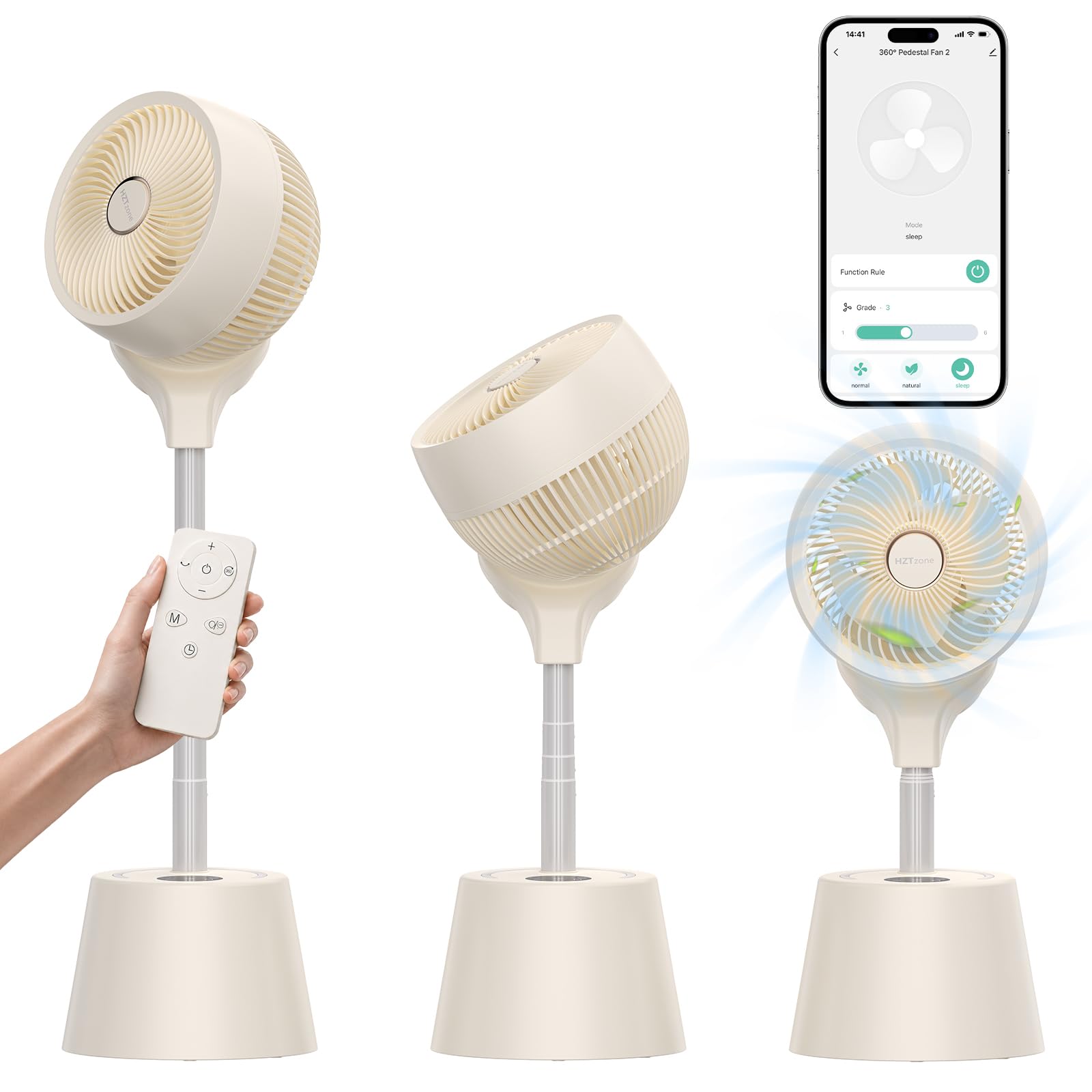 HZTzone rechargeable smart pedestal fan with 400 sq ft coverage and dual-axis oscillation