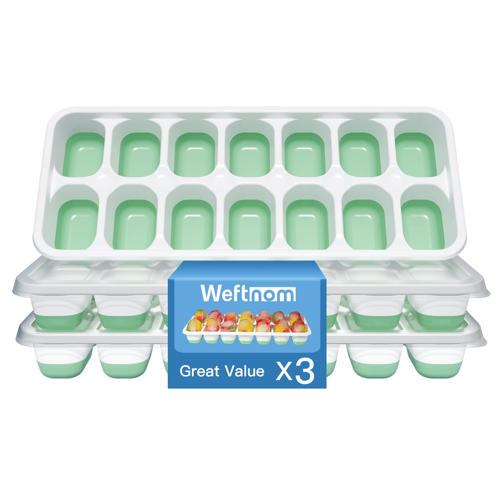 three-pack silicone ice cube tray with lid