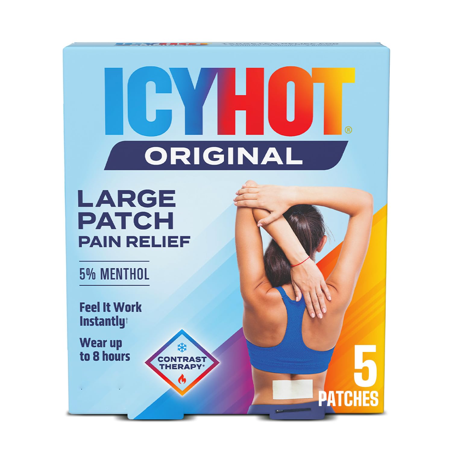 Icy Hot medicated patch packaging 5 count box