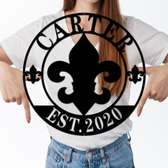 Personalized last name Fleur De Lis wall sign in metal